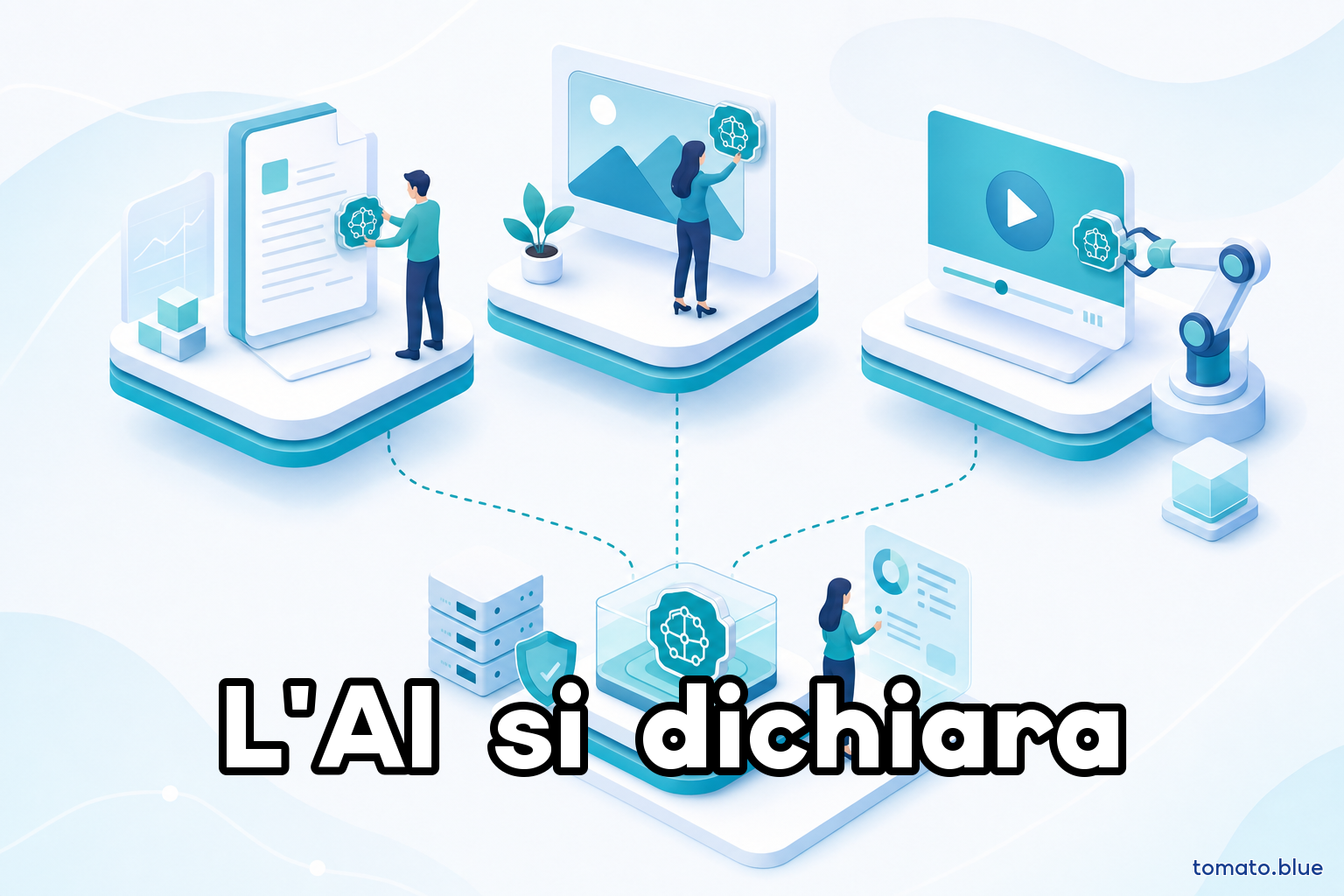 Documenti, immagini e video che ricevono un'etichetta di marcatura come contenuto generato da AI — rappresentazione degli obblighi di trasparenza dell'articolo 50 dell'AI Act
