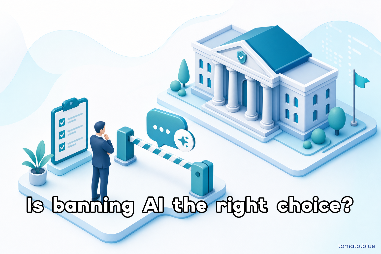 An isometric city hall behind a closed barrier blocking an AI chat icon, with a professional figure looking on thoughtfully — representing a ban with no governance framework behind it