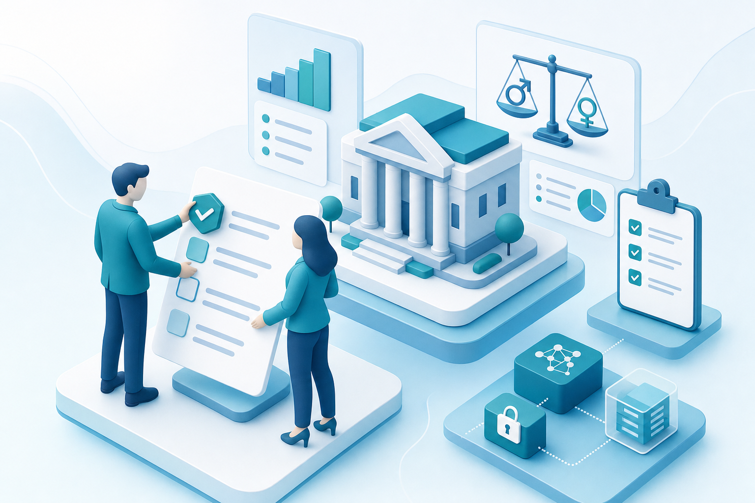 Illustrazione Tomato Blue: due documenti normativi in sospeso su una bilancia isometrica, con una clessidra sullo sfondo — l'inchiesta pubblica UNI su governance IT e parità di genere in scadenza il 30 e 31 ottobre.