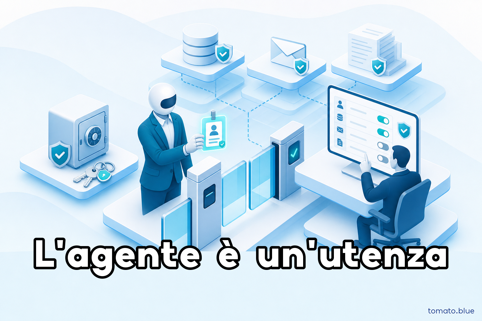 Un agente AI stilizzato presenta il proprio badge identificativo a un varco di controllo accessi — rappresentazione della governance delle identità agentiche
