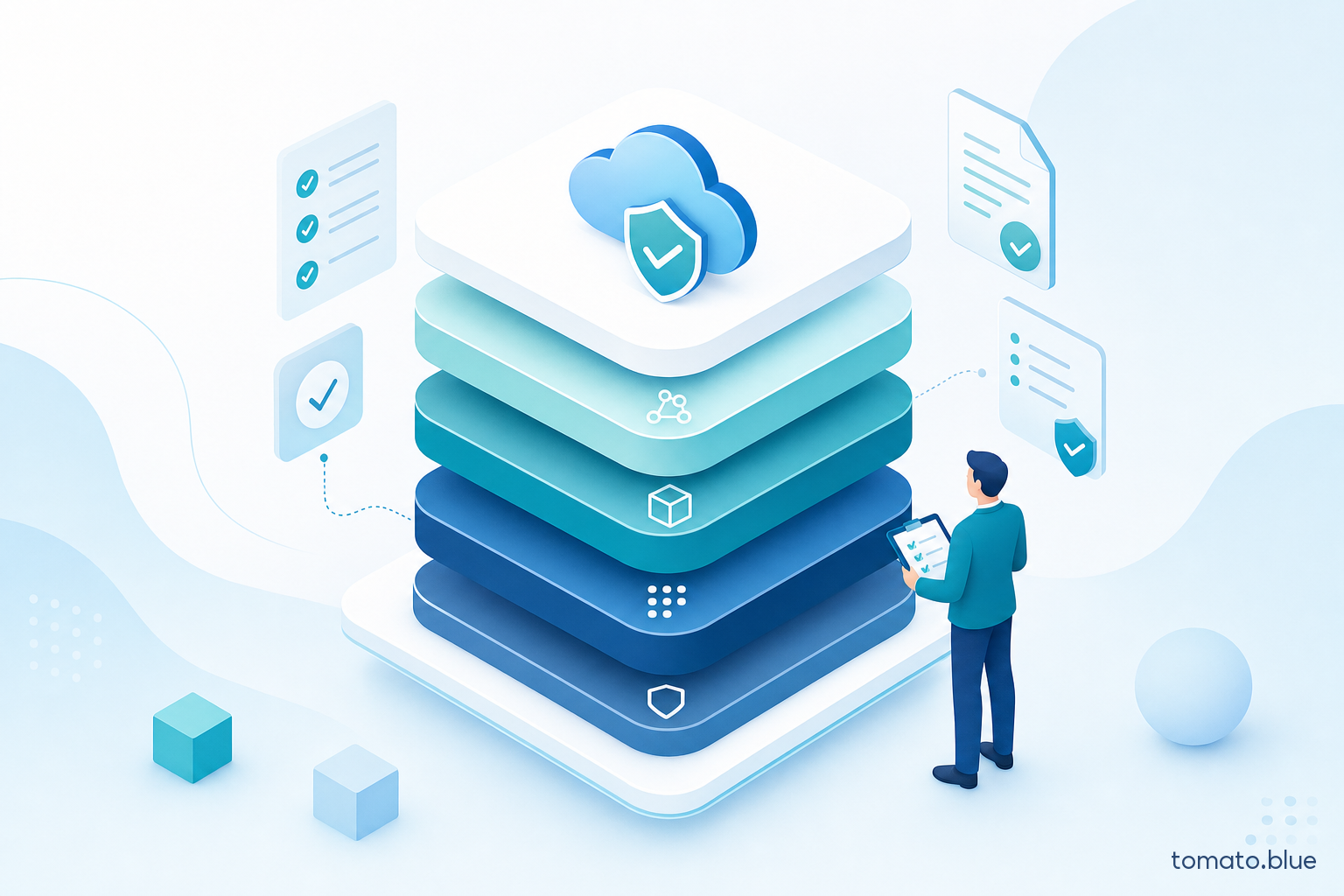 Illustrazione isometrica di una pila di livelli cloud sovrapposti, con icone di scudo e documenti di verifica accanto a una persona che tiene una checklist: il layer multi-modello di AWS Bedrock e i contratti che si sommano