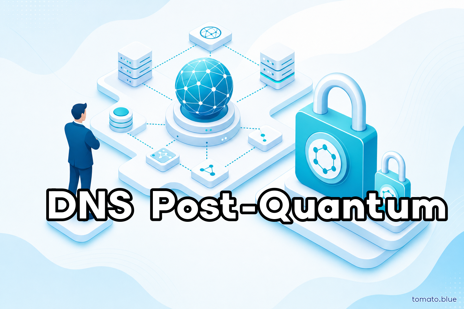 Illustrazione isometrica di un nodo di rete DNS con un lucchetto di grandi dimensioni accanto a uno più piccolo, a rappresentare il confronto tra la dimensione di una firma post-quantum ML-DSA-44 e una firma ECDSA classica
