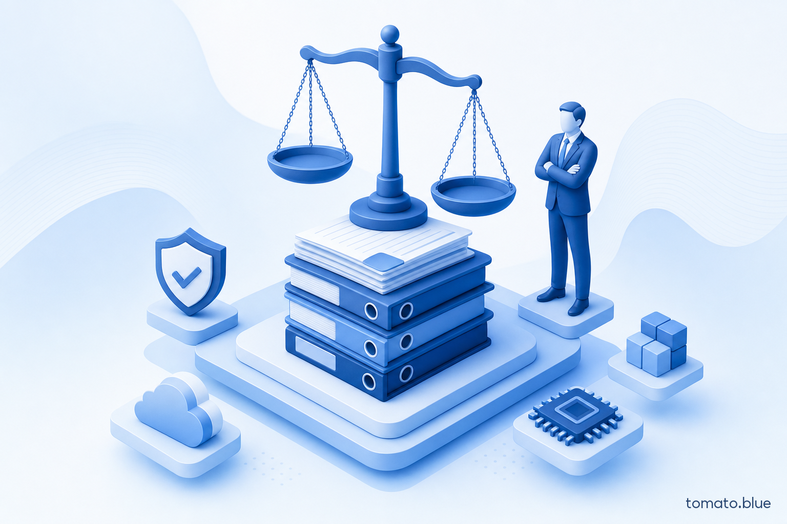 Isometric illustration of a scale of justice next to a stack of unanswered requests, representing the gap between a declared policy and the real process for handling data subject rights