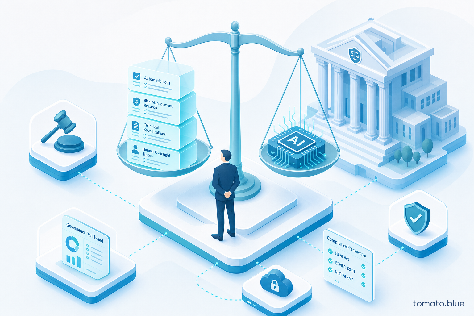 Tomato Blue illustration: scales of justice between AI system documentation and an AI chip, courthouse in the background — AI civil liability