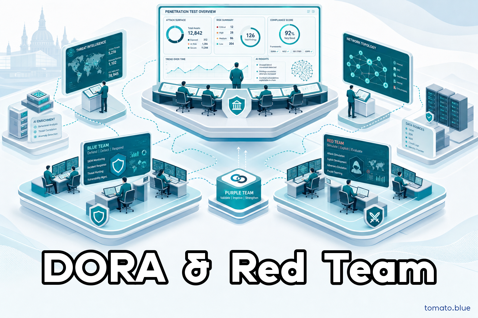 War room di threat intelligence con analisti che monitorano reti e simulano attacchi in stile red team