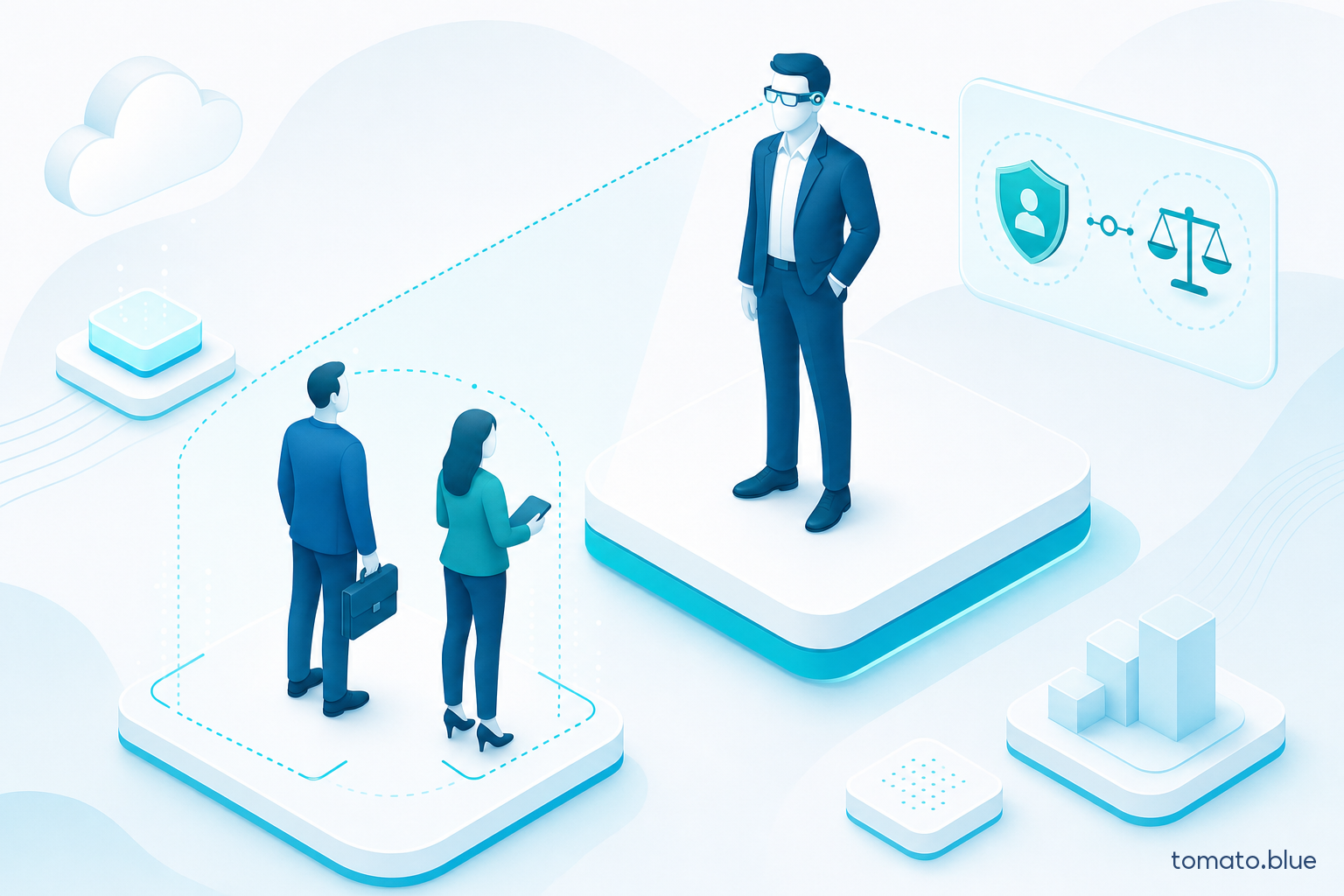 Tomato Blue illustration: a person wearing smart glasses records a scene, bystanders in the background inside the field of view — shared responsibility in data protection.