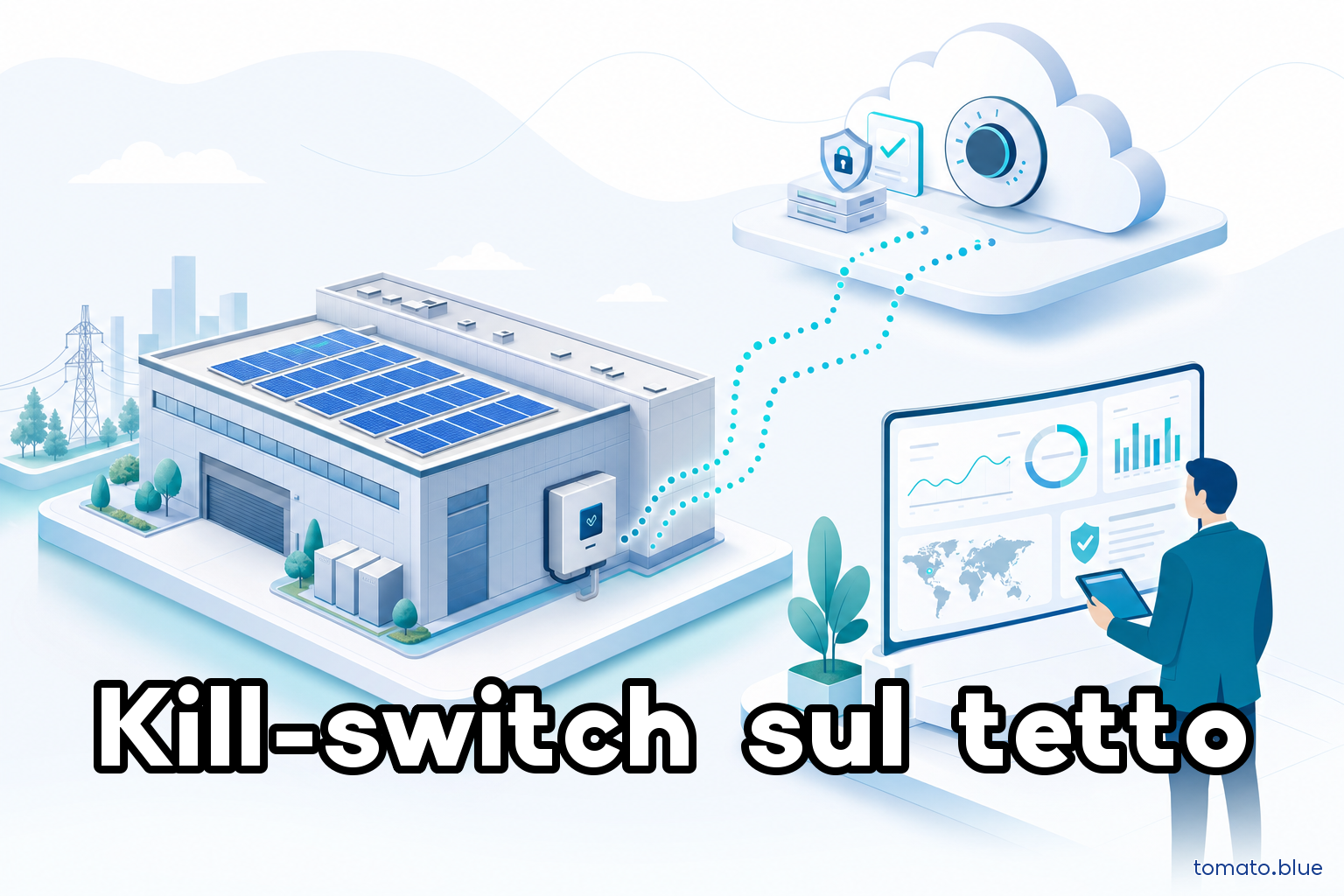 Capannone industriale con pannelli fotovoltaici e inverter connesso a un cloud remoto — rappresentazione del rischio di controllo a distanza