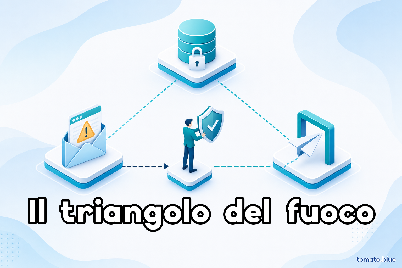 Three platforms connected in a triangle — a locked database, untrusted content, an outbound channel — with a shield breaking one side: a representation of the AI agent lethal trifecta