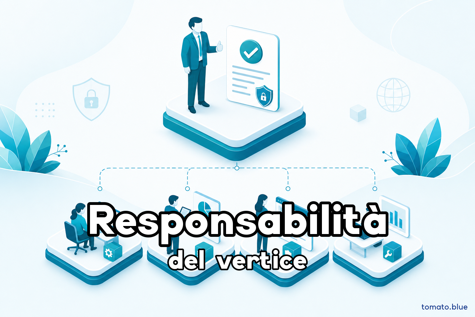 Un vertice aziendale approva un documento strategico in cima a una struttura organizzativa, mentre le attività operative sono delegate ai livelli inferiori