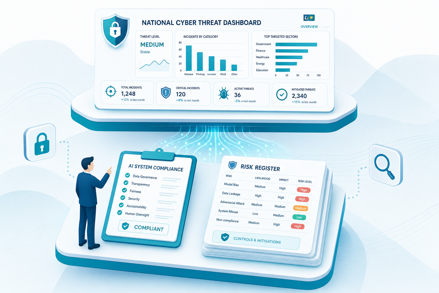 Illustrazione Tomato Blue: dashboard con i dati sulla minaccia cyber che alimenta, tramite flussi di dati, un registro dei rischi con checklist di compliance — Operational Summary ACN come input per il risk assessment NIS2.