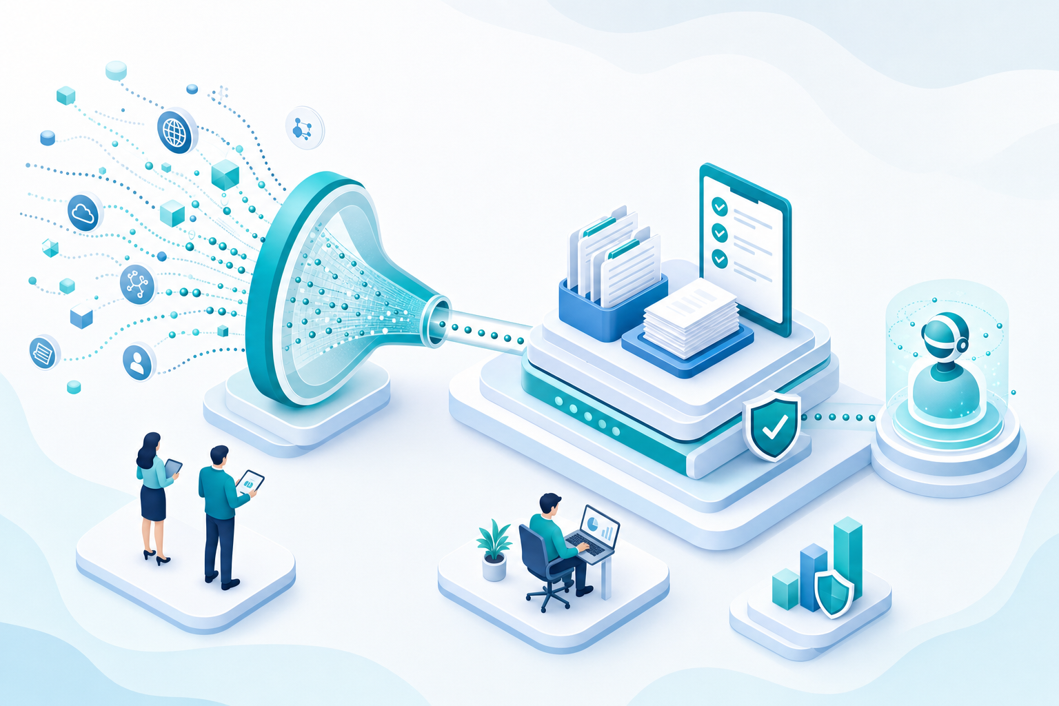 Isometric illustration of a funnel filtering a cloud of heterogeneous icons and data into an orderly stream feeding a structured archive with a checklist and a shield: a domain MCP narrows the space of sources an agent can traverse