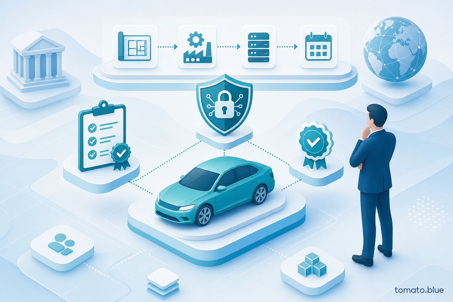 Isometric illustration: a generic vehicle at the centre, linked to a cybersecurity shield, a product-lifecycle timeline (design, production, operation, end of support) and a certification checklist.