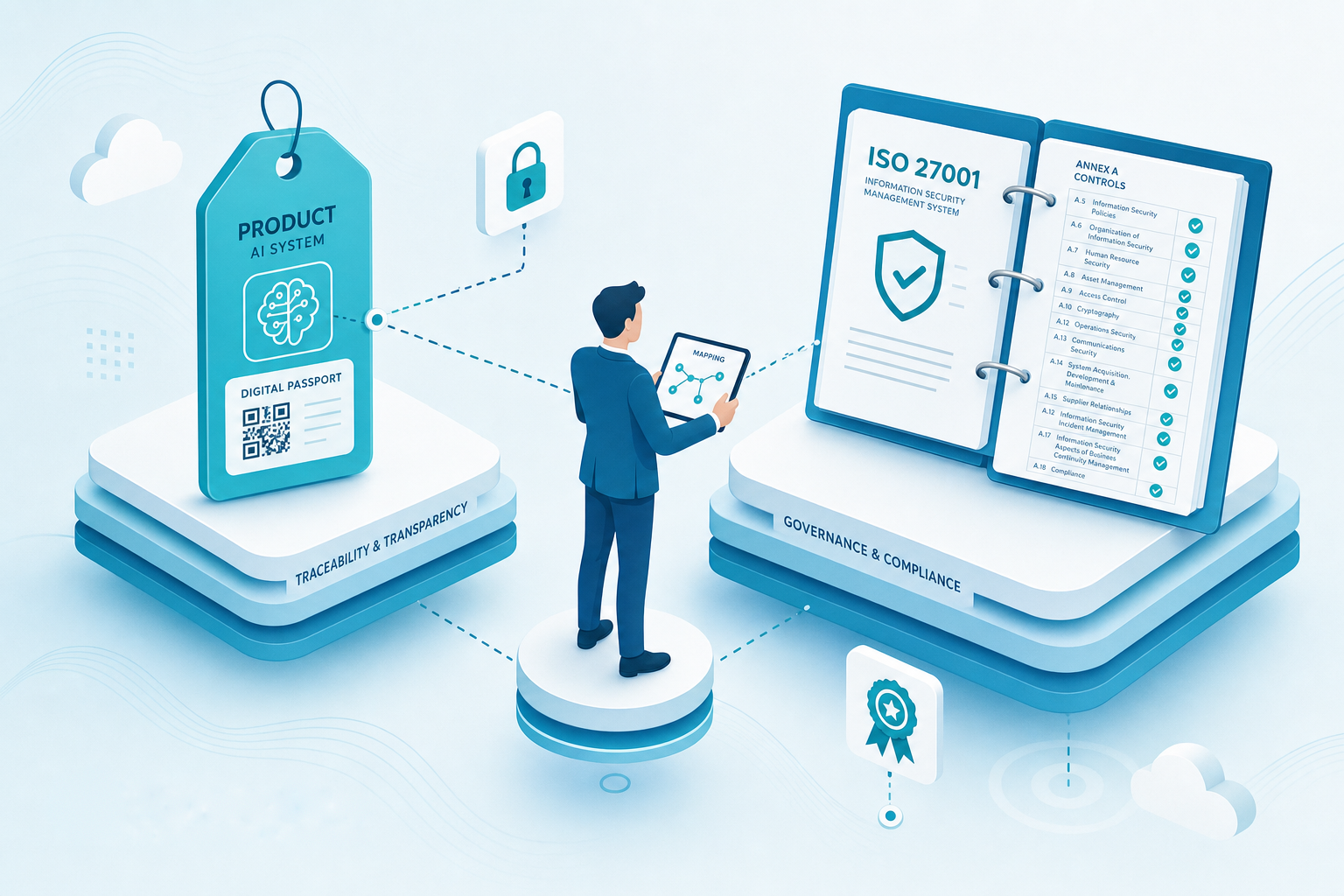 Illustrazione Tomato Blue: un passaporto digitale di prodotto collegato tramite linee tratteggiate a un raccoglitore di compliance ISO con checklist di controlli — gap analysis tra Digital Product Passport e ISO 27001.