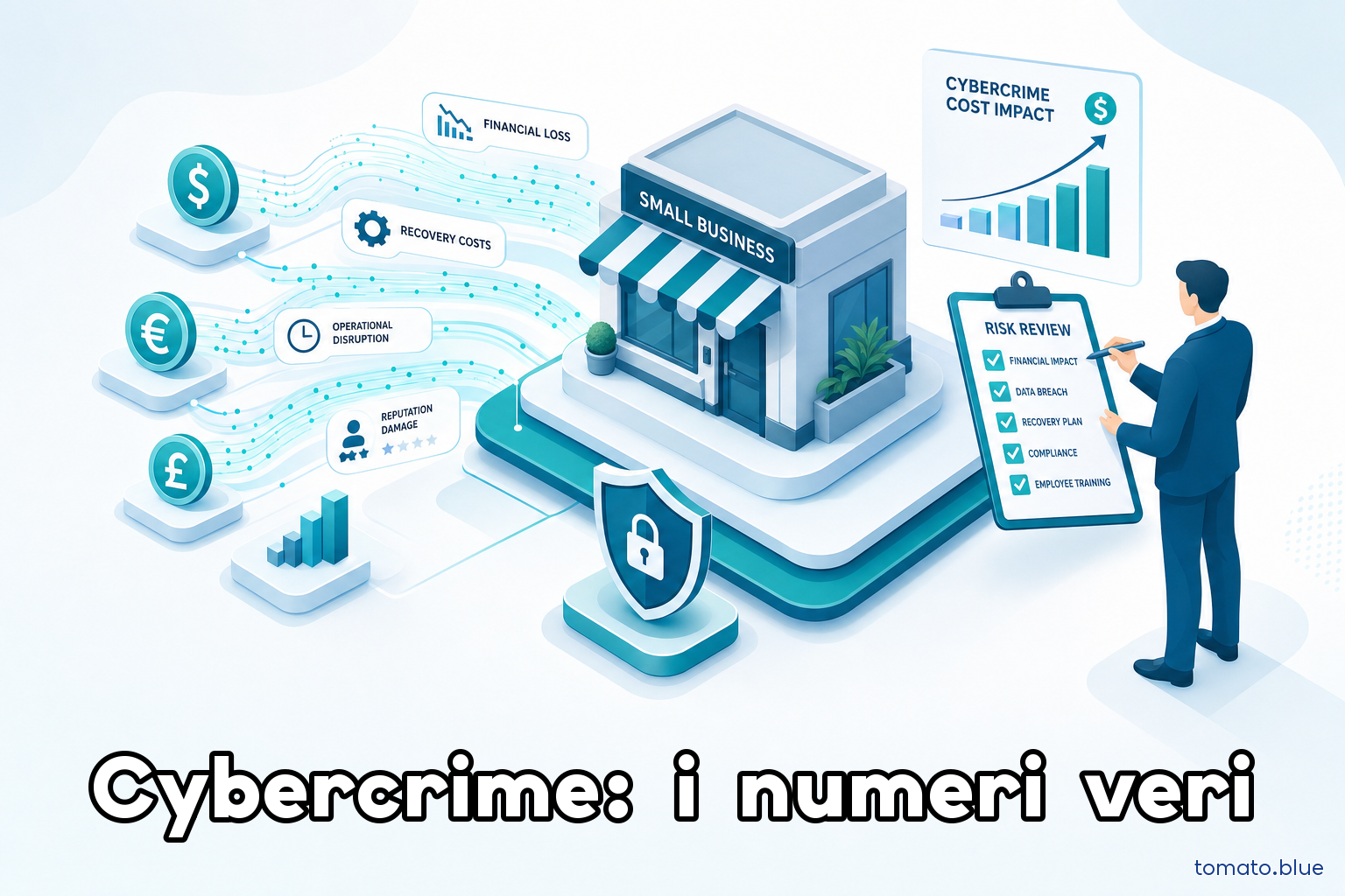 Cifre e valute che scorrono su uno sfondo digitale accanto a uno scudo di sicurezza, a rappresentare il costo economico del cybercrime