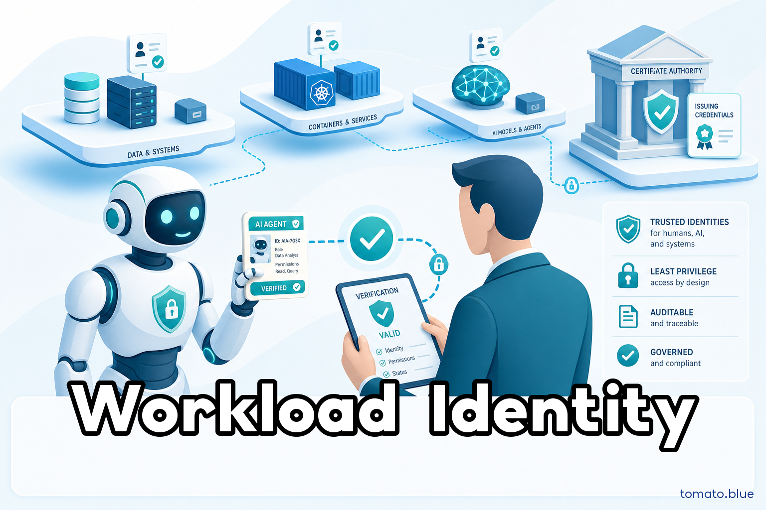 Workload identity — un agente software mostra la propria identità verificabile a un controllo di governance