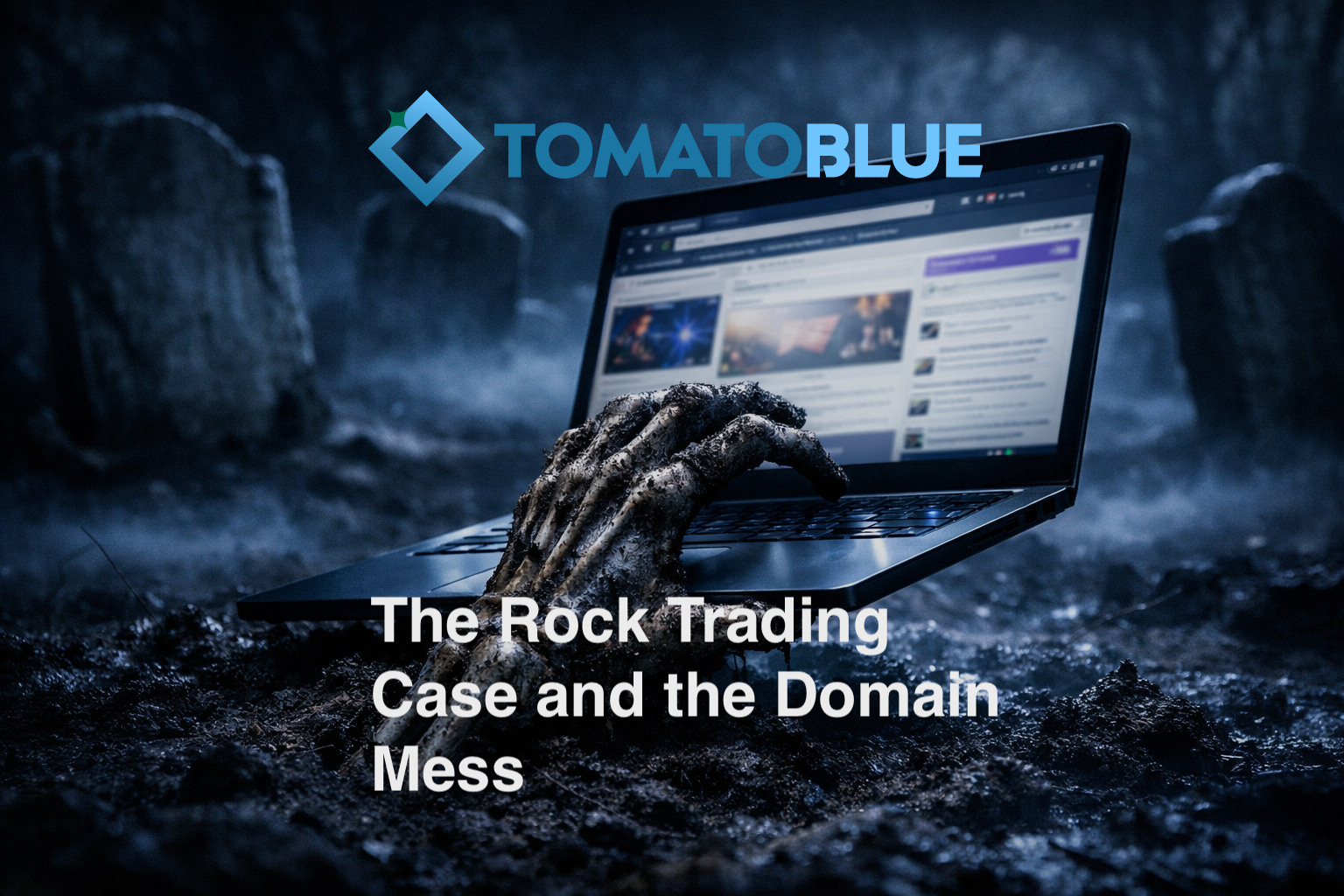 Digital zombie with laptop in a graveyard